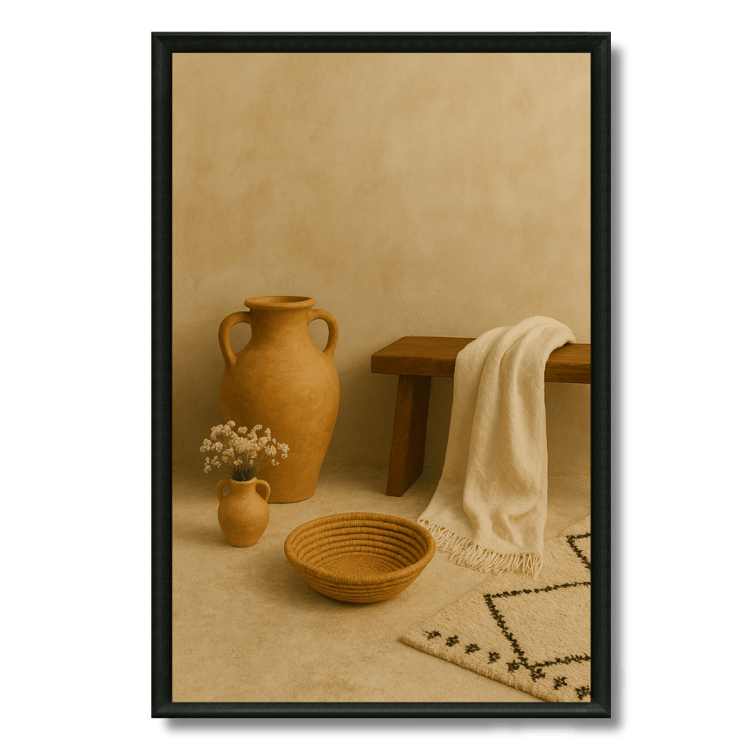 Tableau jarre et tapis berbère artisanat marocain chaleureux