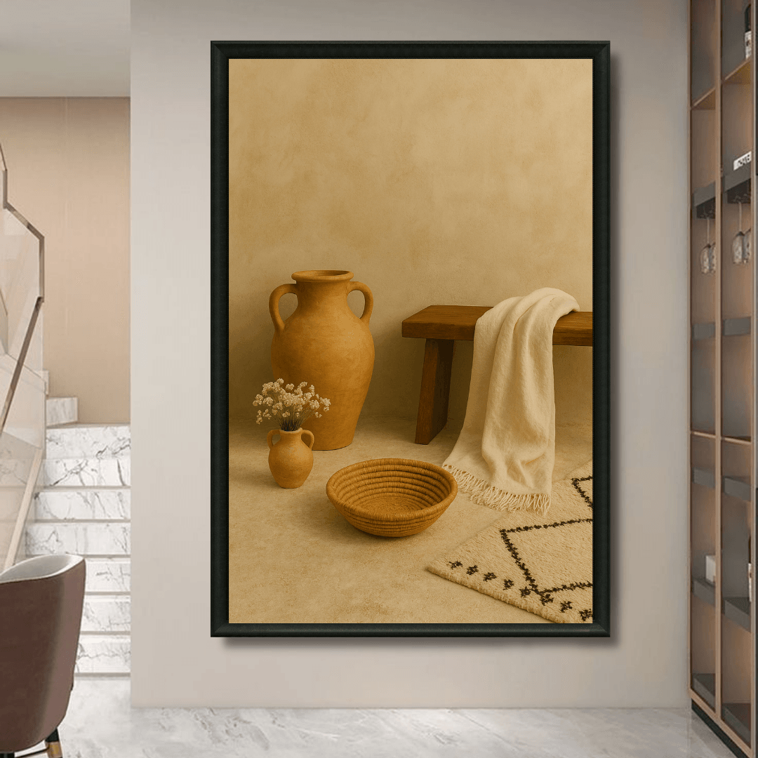 Tableau jarre et tapis berbère artisanat marocain chaleureux