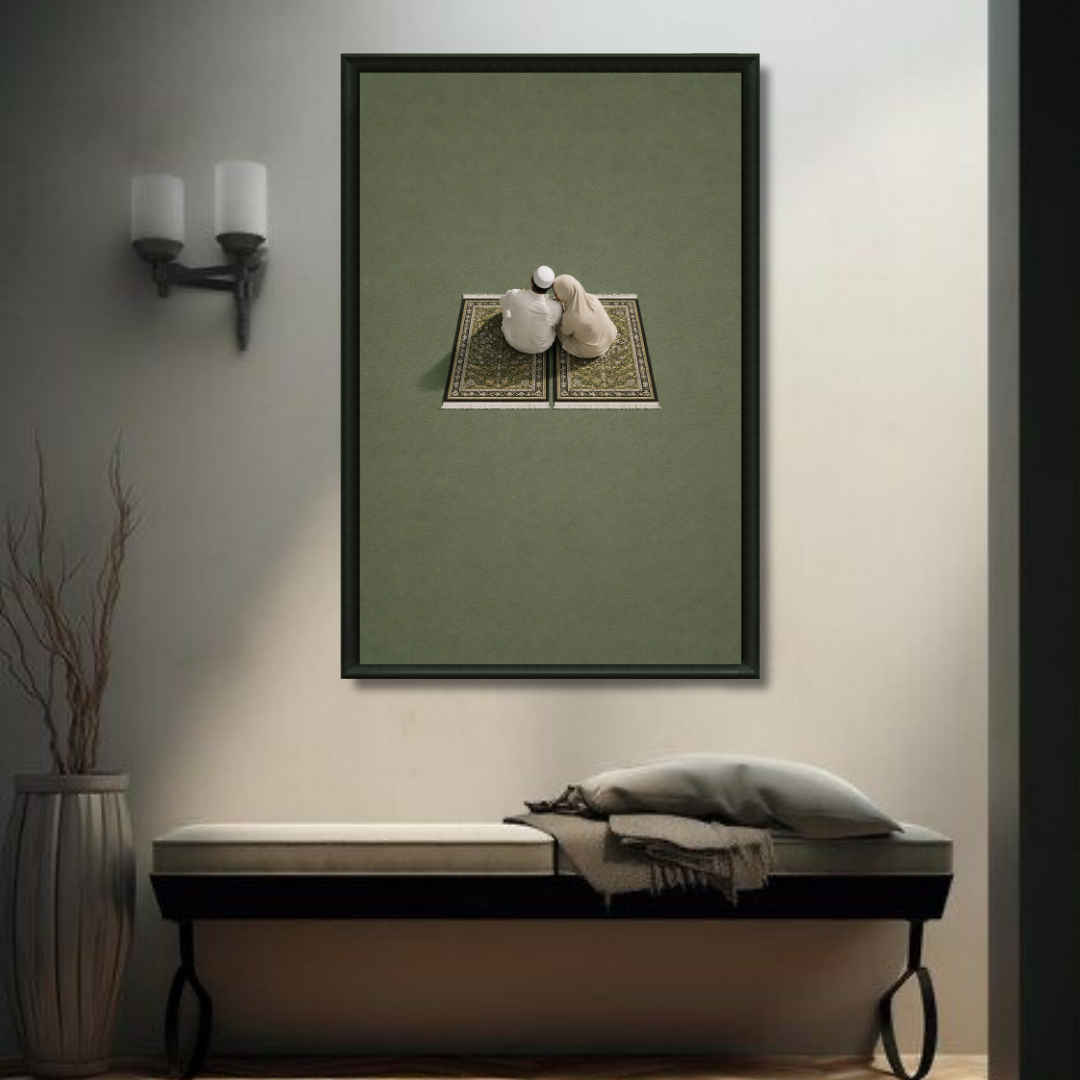 Tableau islamique couple muslim vert illustration tendre