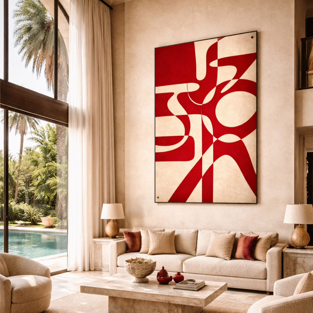 Tableau rouge géométrique art déco détail