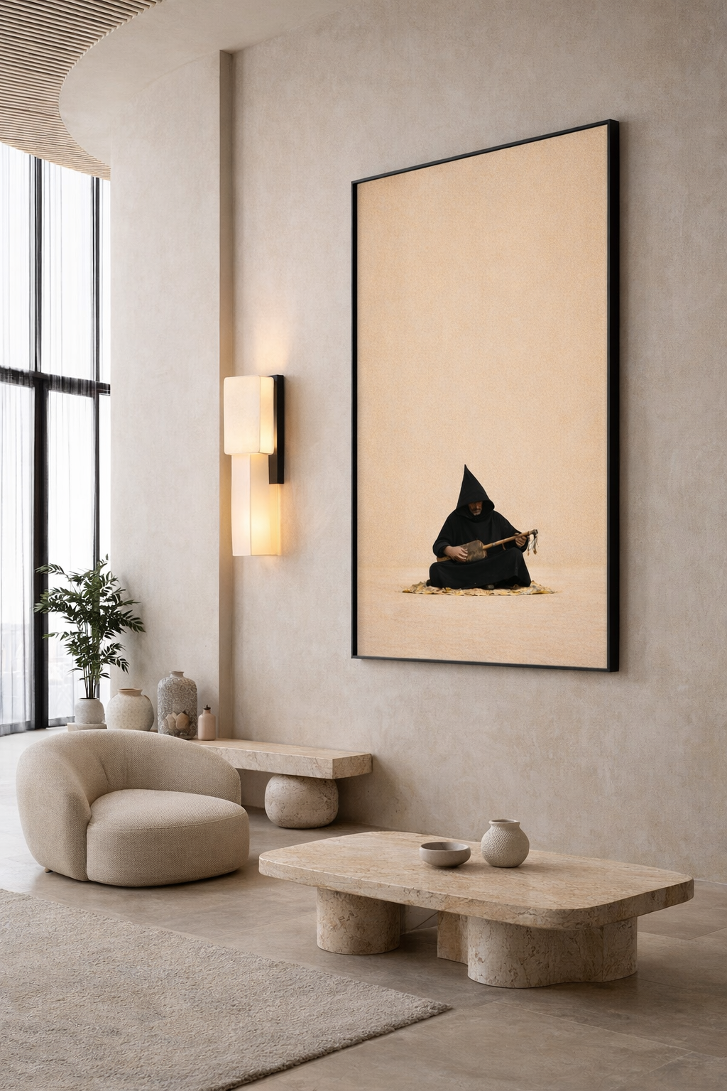 Tableau capuche noir silhouette marocaine rue élégante