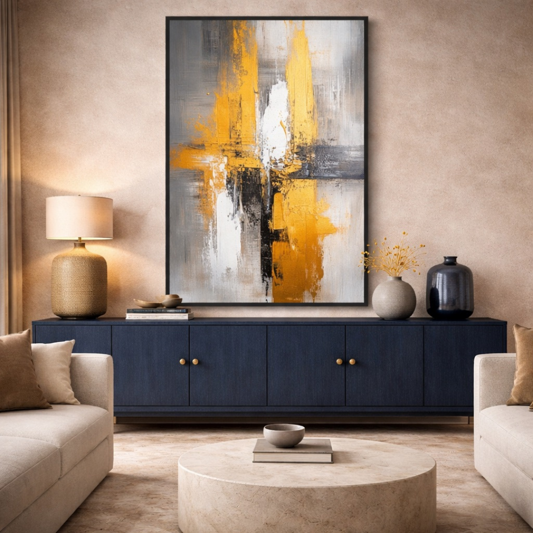 Tableau golden black abstrait élégant salon contemporain