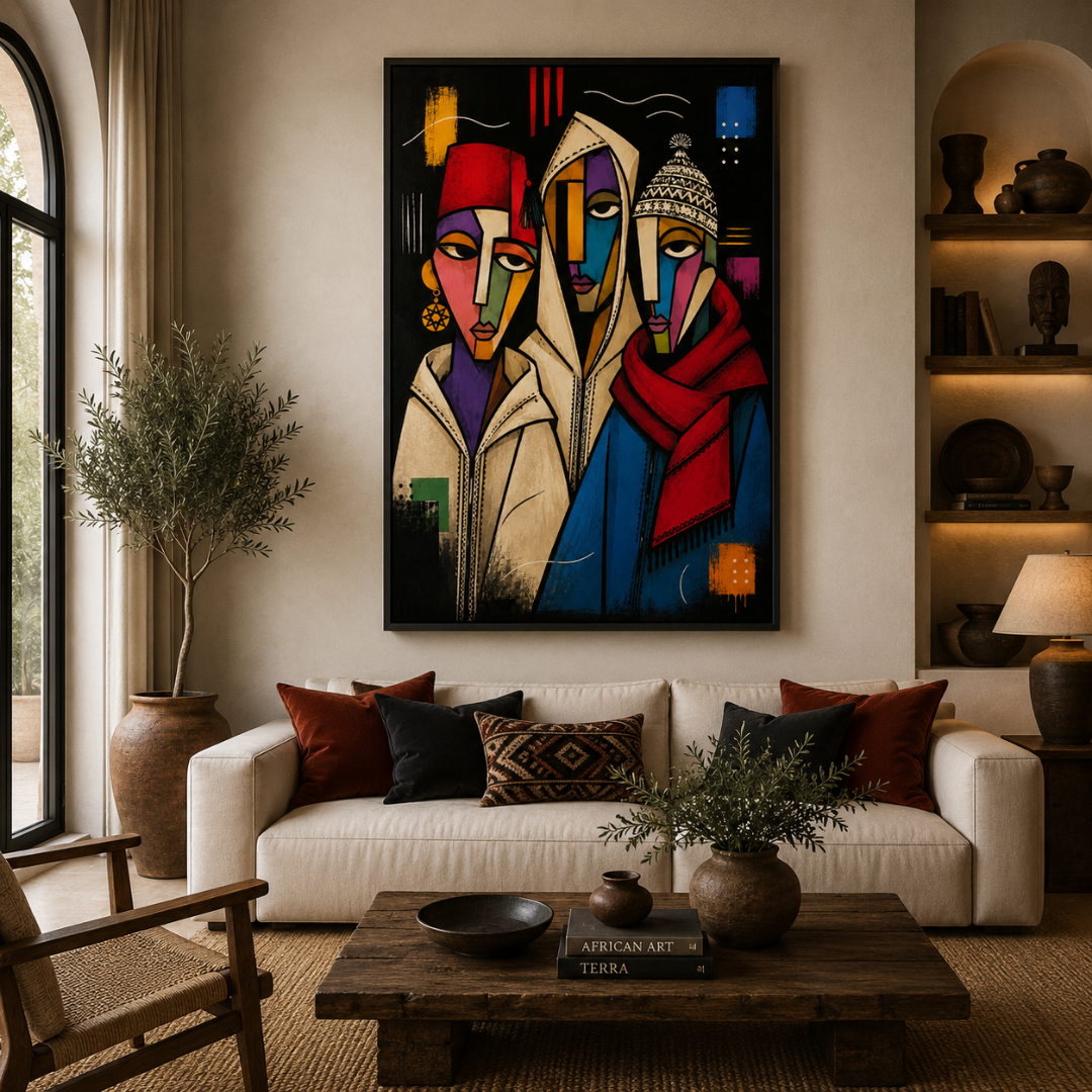 Tableau masques trio marocains composition graphique