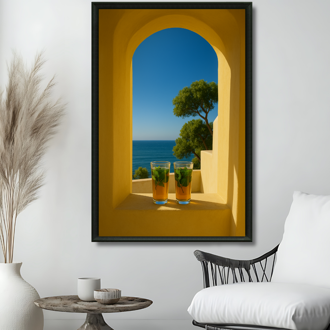 Tableau assise de thé scène nord Maroc conviviale