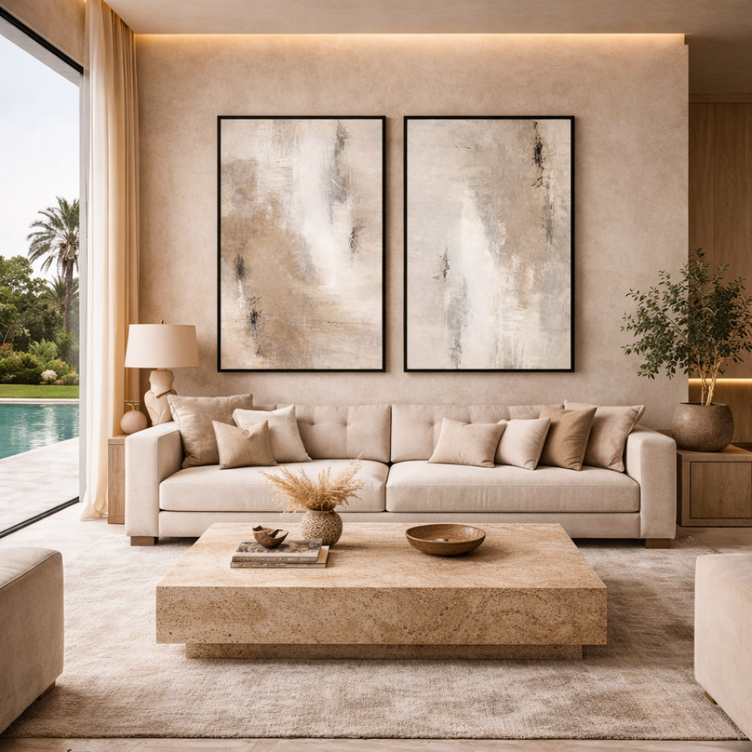 Duo tableaux taupe abstrait apaisant minimaliste