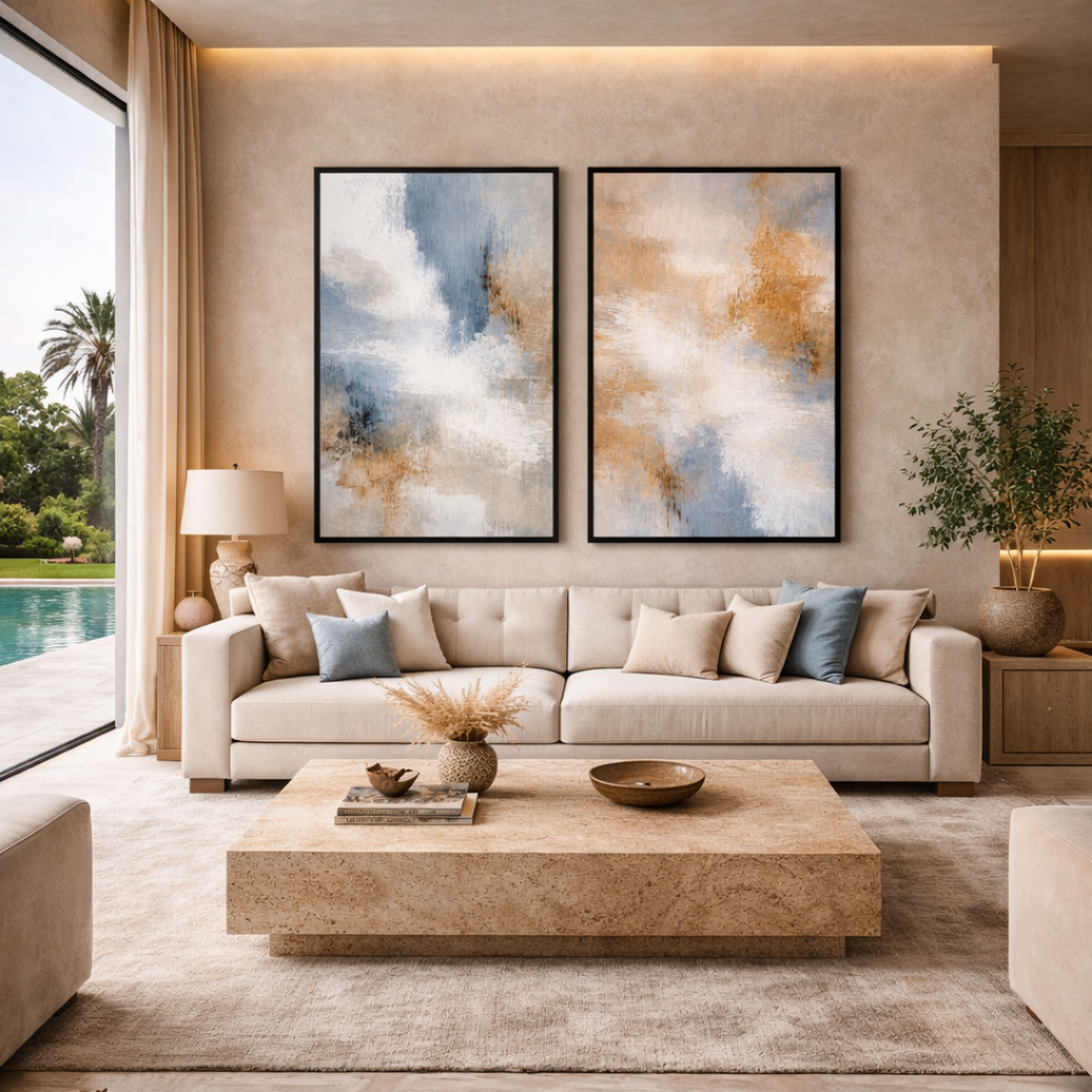 Duo tableaux abstrait bleu gold détail