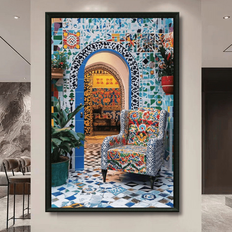 Tableau arc coloré mosaïque et fauteuil marocain