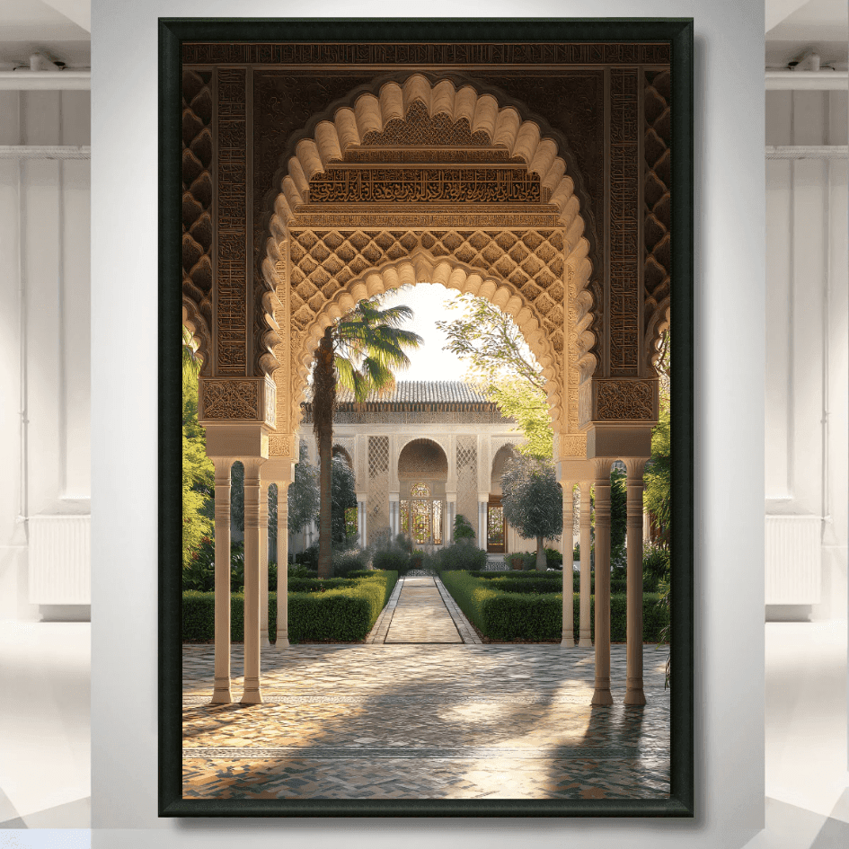 Tableau arcades andalouses jardin luxuriant marocain