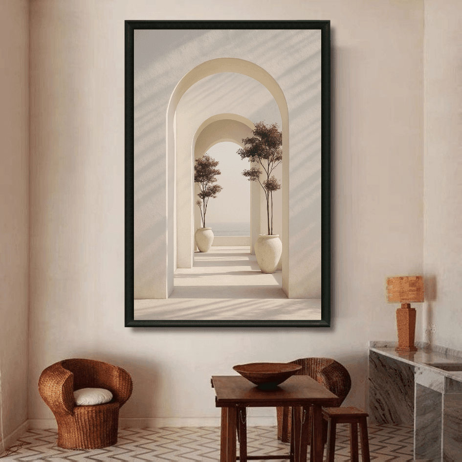 Tableau arches blanches minimalistes vue sur mer marocain