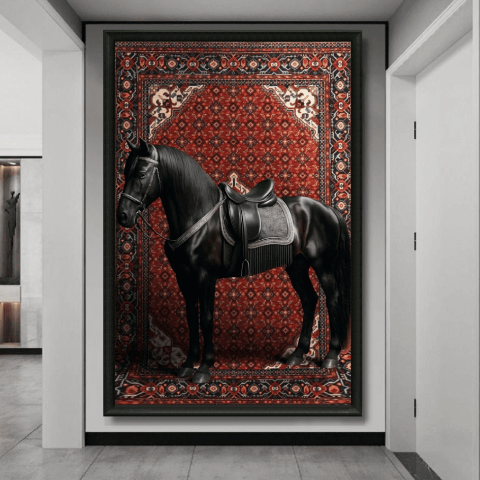 Tableau cheval noir tapis rouge marocain détail