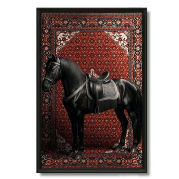 Tableau cheval noir tapis oriental rouge marocain