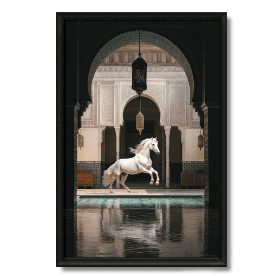 Tableau cheval blanc riad marocain équestre architecture