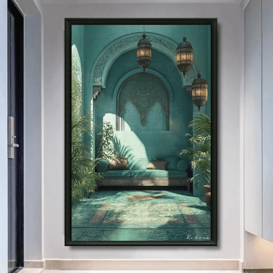 Tableau patio marocain turquoise piscine palmiers