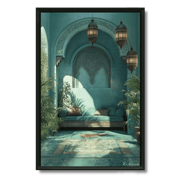 Tableau patio marocain turquoise piscine palmiers