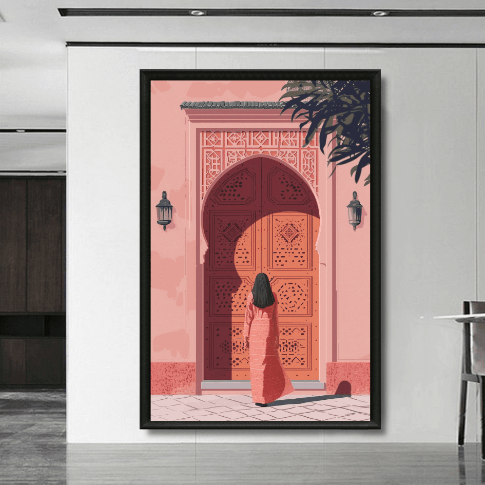 Tableau devant porte riad femme Marrakech élégance