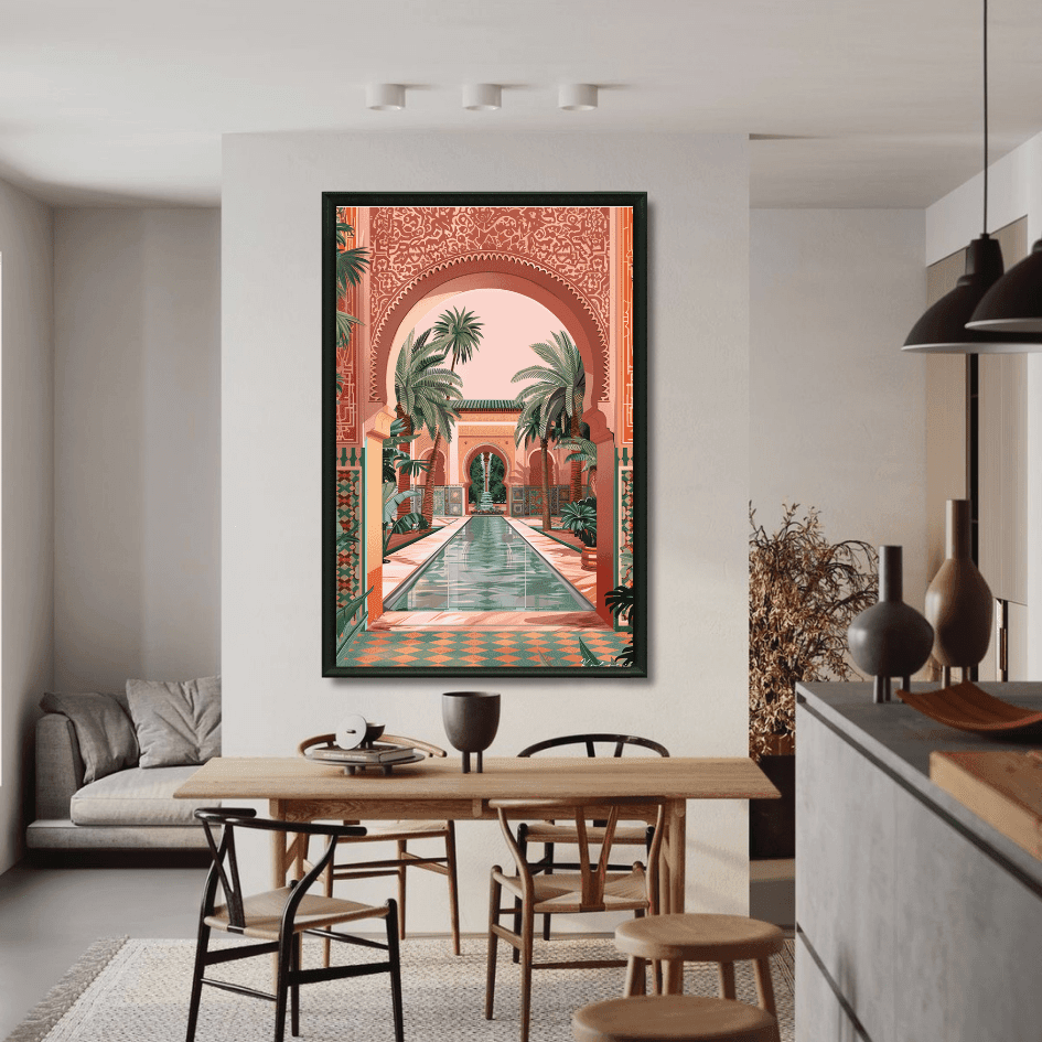 Tableau jardin riad rouge bassin palmiers Maroc