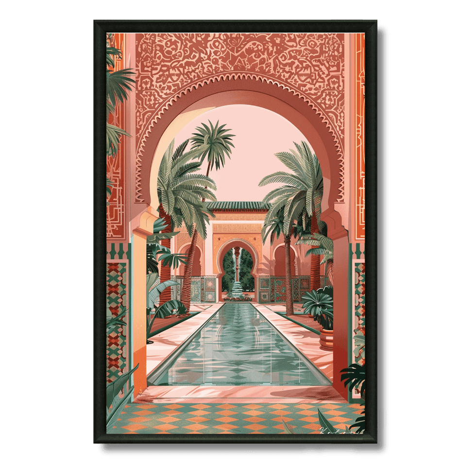 Tableau jardin riad rouge bassin palmiers Maroc