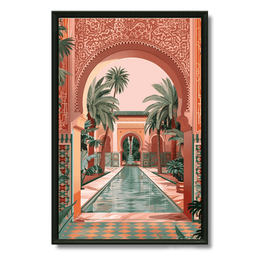 Tableau jardin riad rouge bassin palmiers Maroc