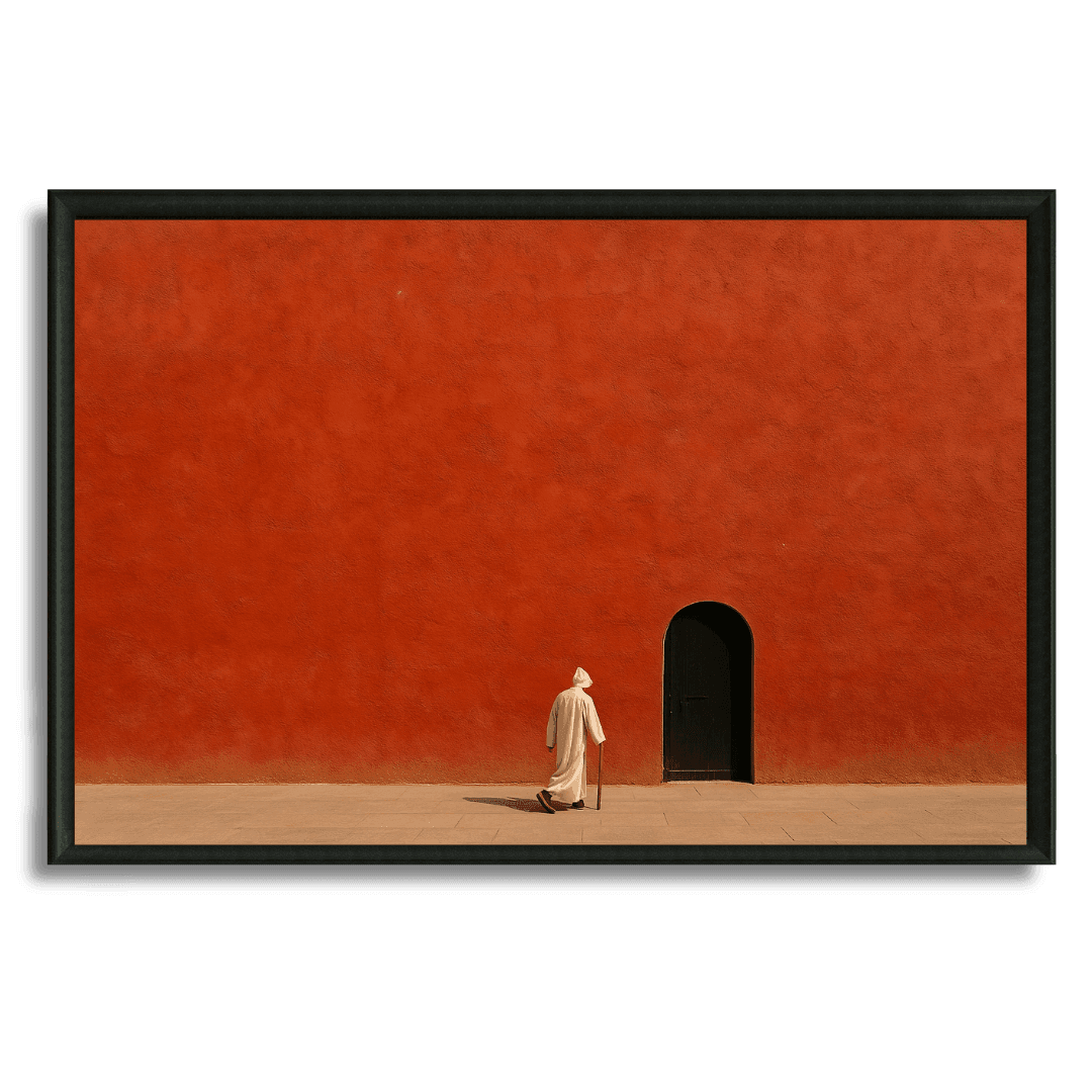 Tableau marche vers le passé mur rouge porte noire marocain