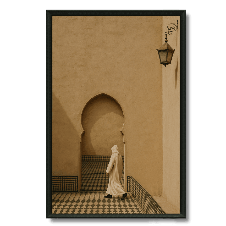 Tableau passage andalou zellige homme djellaba marocain