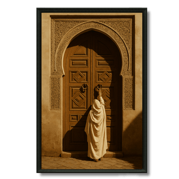 Tableau porte en bois sculptée femme djellaba blanche Maroc