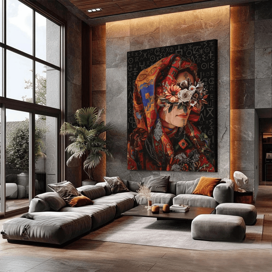 Tableau portrait femme fleurie marocaine motifs floraux
