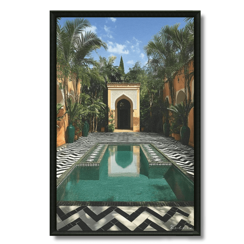 Tableau riad tropical bassin zellij noir blanc Marrakech