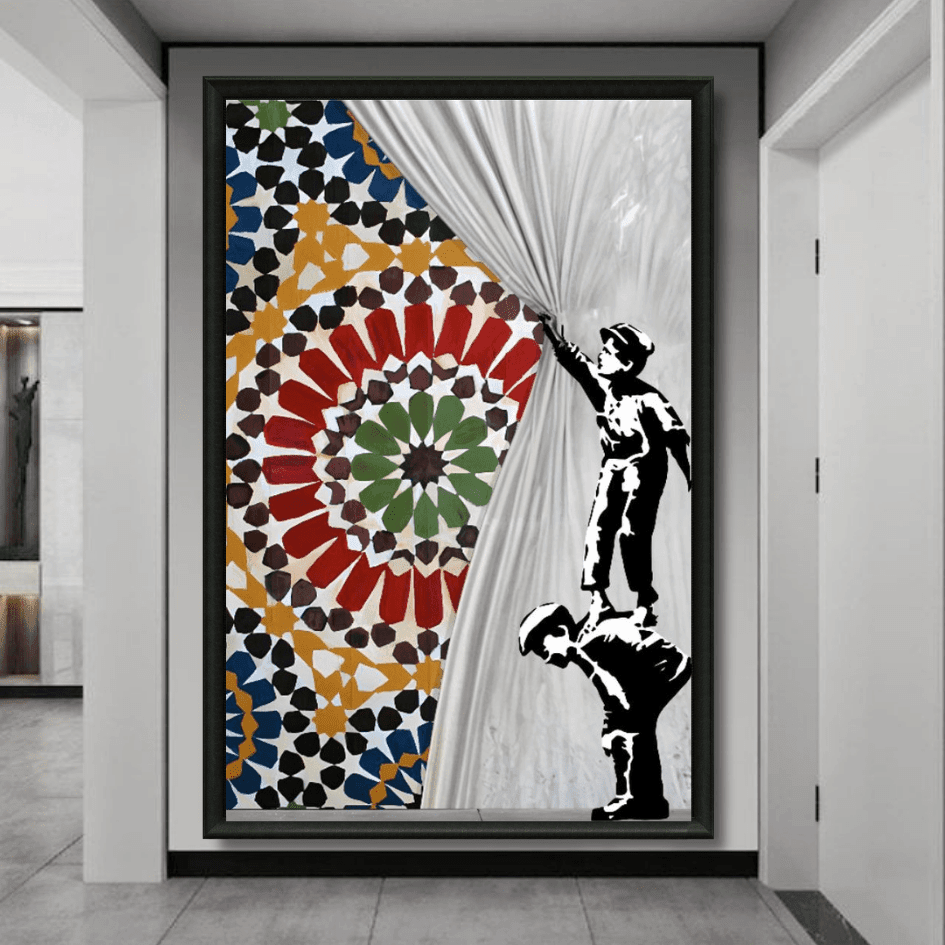 Tableau rideau marocain dévoilé enfants motifs street art