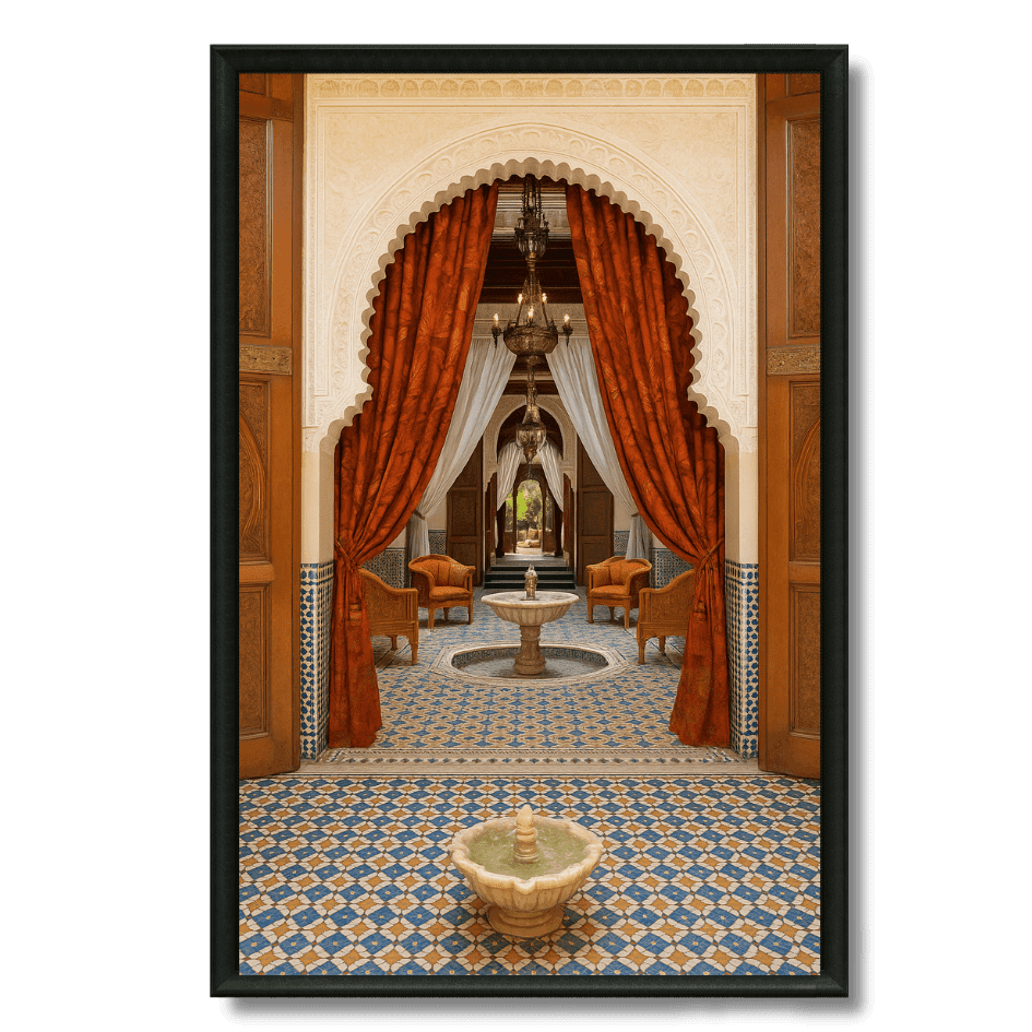 Tableau rideaux rouges zellige salon marocain raffiné