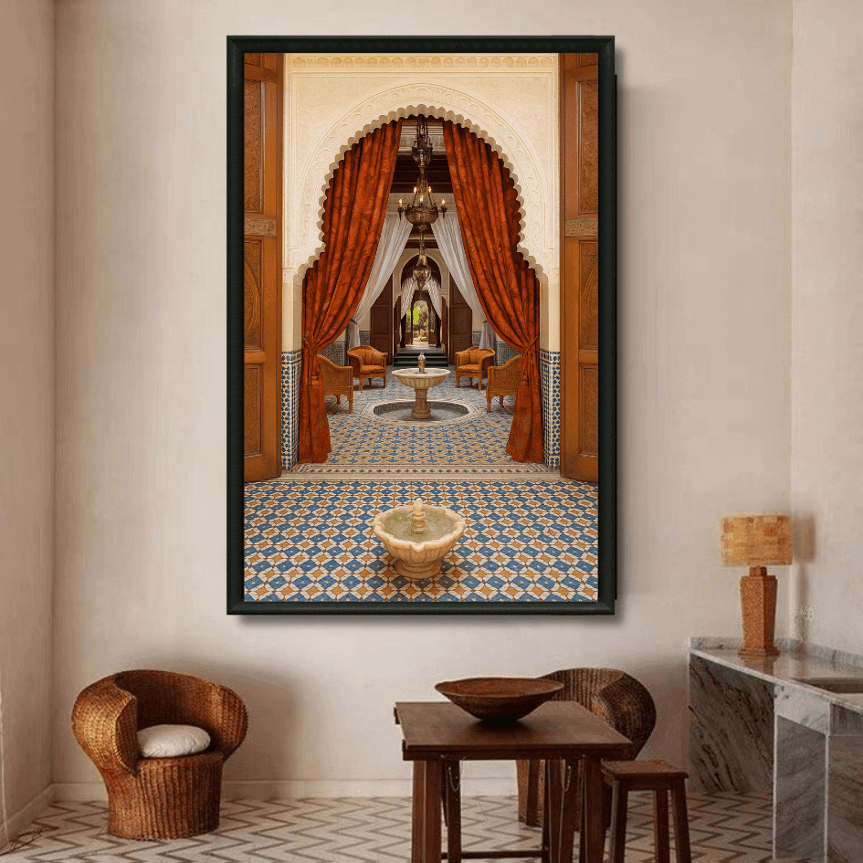 Tableau rideaux rouges zellige salon marocain raffiné