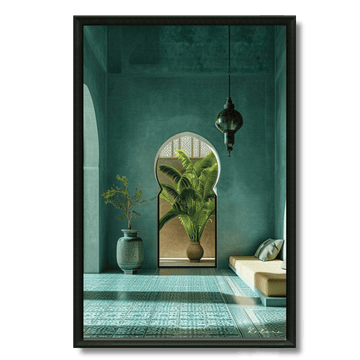 Tableau salon marocain vert émeraude plantes carrelage artisanal