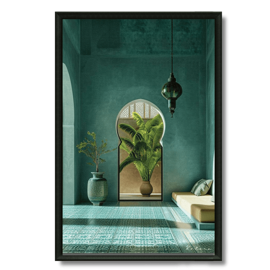 Tableau salon marocain vert émeraude plantes carrelage artisanal