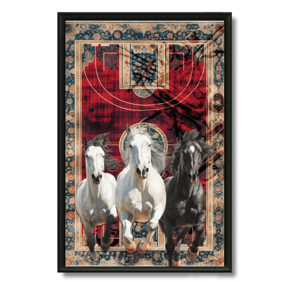 Tableau tapis marocain trois chevaux arabes galopant