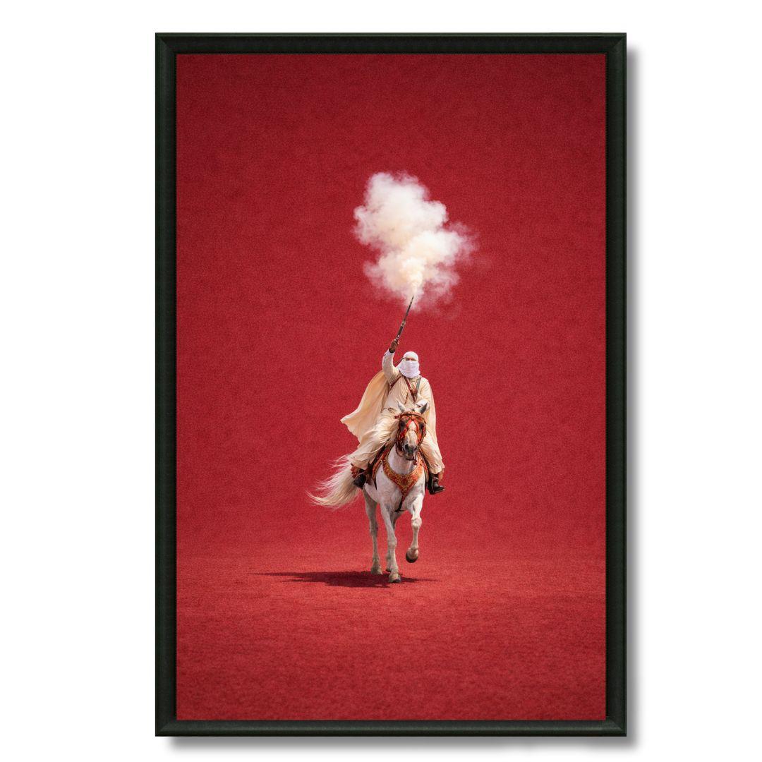 Tableau marocain inspiré de la Tbourida fantasia équestre en rouge