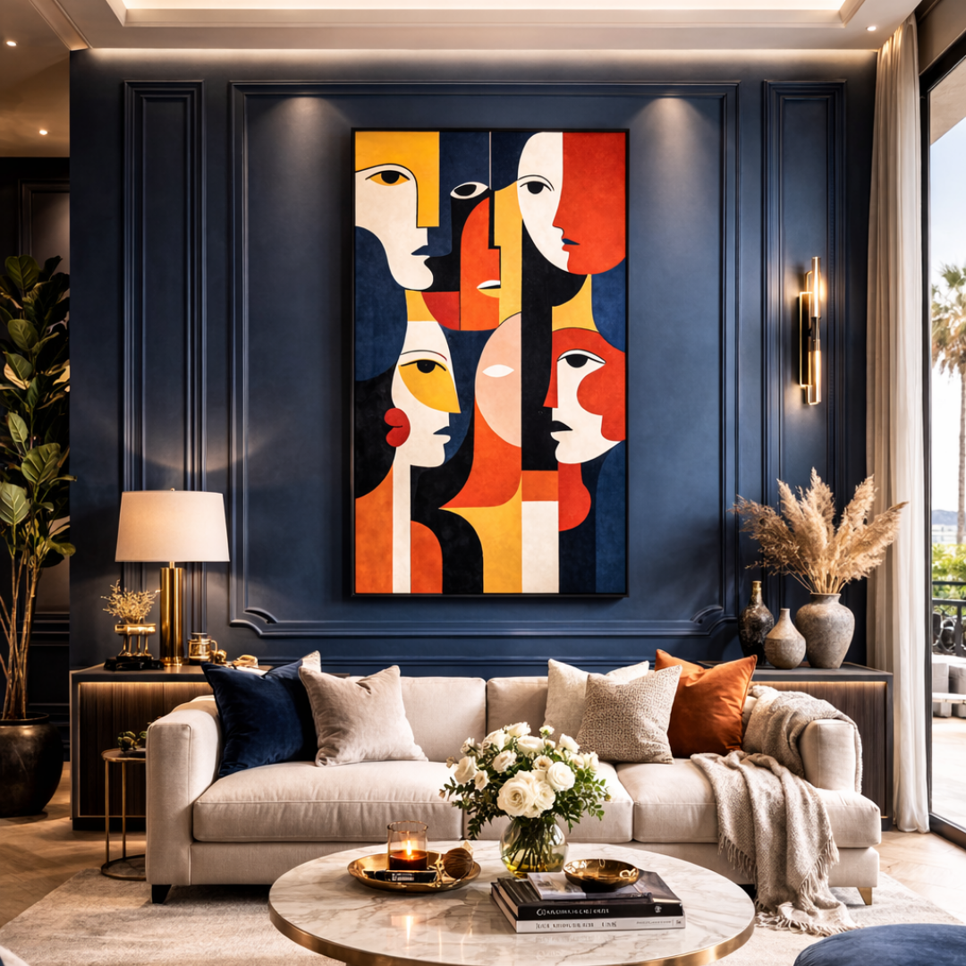 Tableau visages géométriques art déco moderne coloré